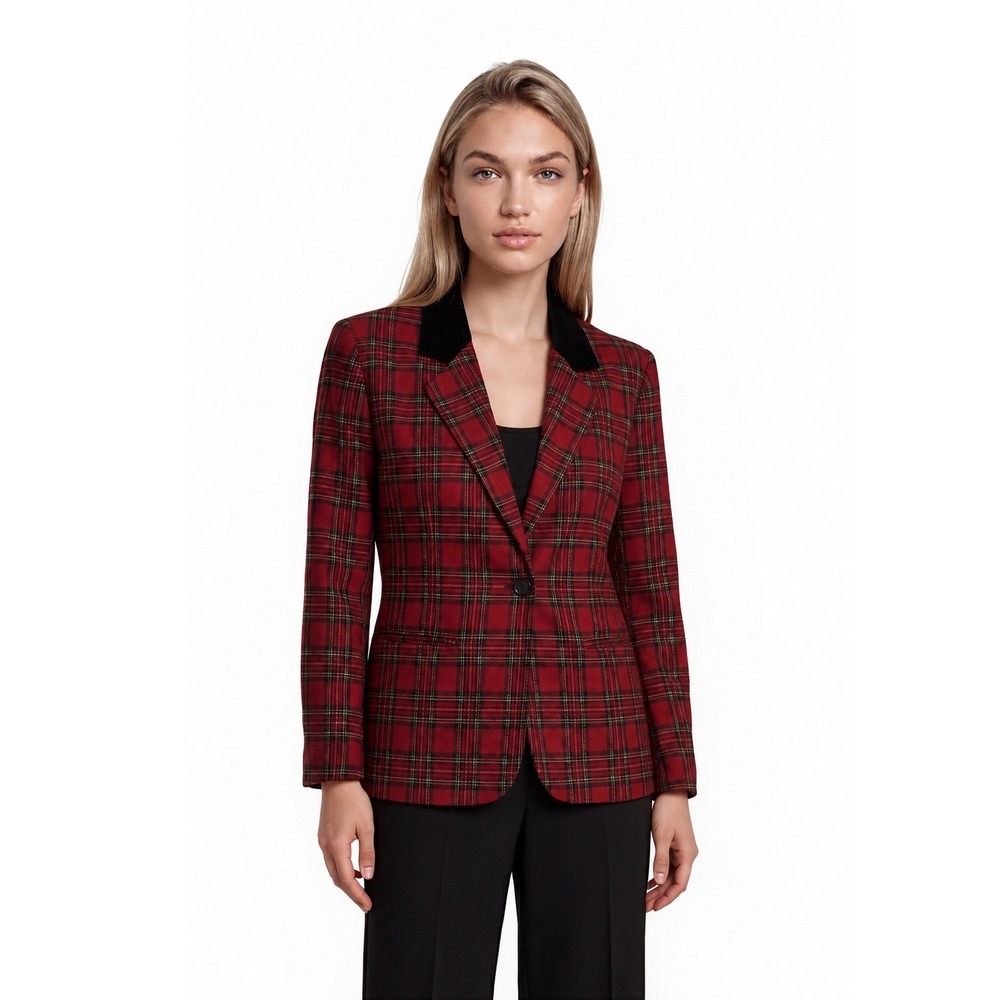 Vintage Sag Harbor‎ Red Plaid Blazer Women's Size 8P Wool Blend Velvet Collar